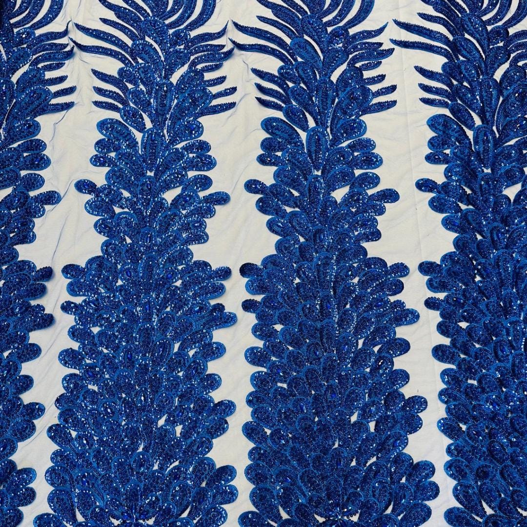 Luxurious Feather Designs Lace - Royal  - Beaded & Embroidered Sequins and Beads On Mesh Lace Fabric for Prom Dress. Sold By 3 Feathers