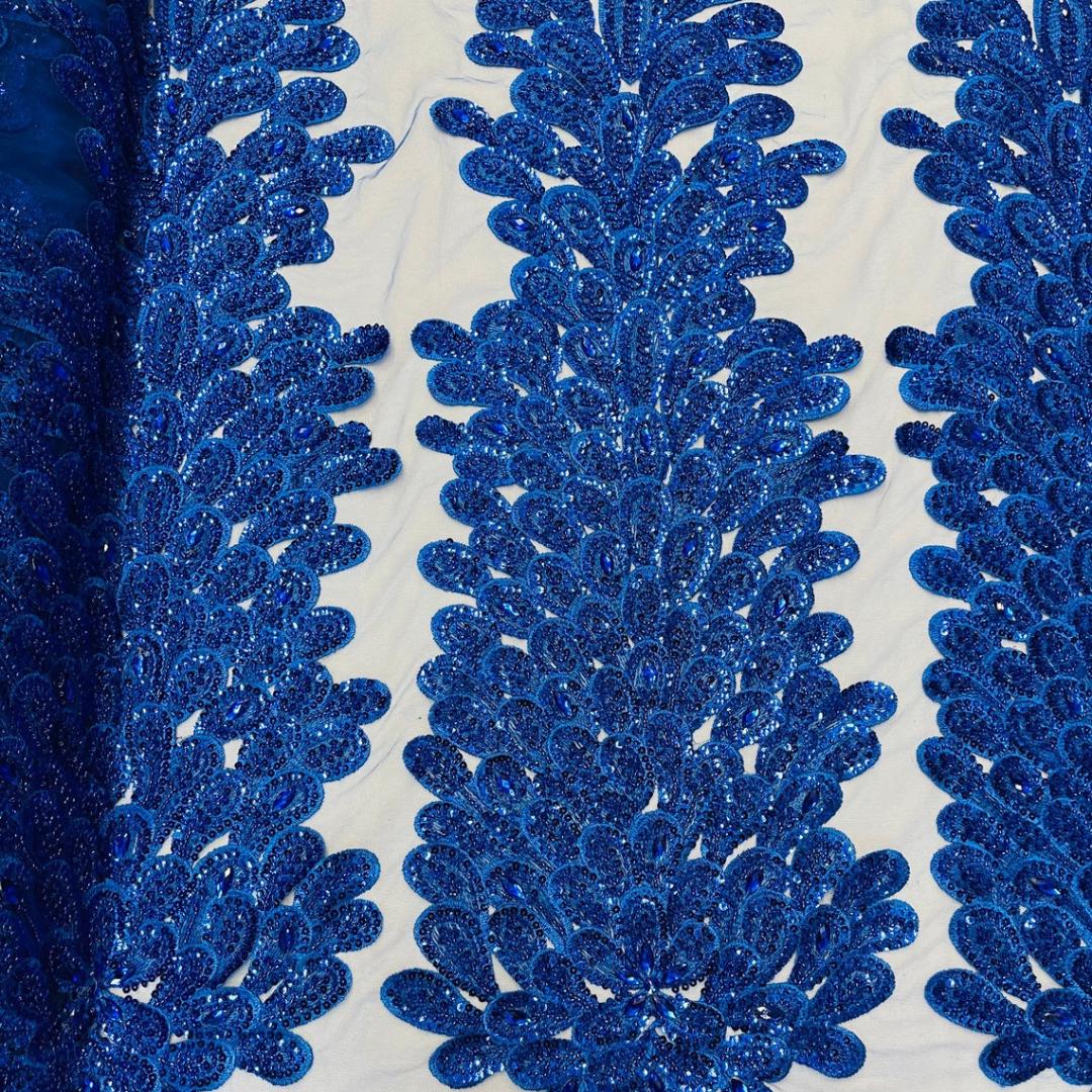 Luxurious Feather Designs Lace - Royal  - Beaded & Embroidered Sequins and Beads On Mesh Lace Fabric for Prom Dress. Sold By 3 Feathers