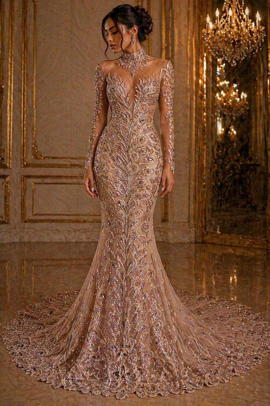 Luxurious Feather Designs Lace - RoseGold  - Beaded & Embroidered Sequins and Beads On Mesh Lace Fabric for Prom Dress. Sold By 3 Feathers
