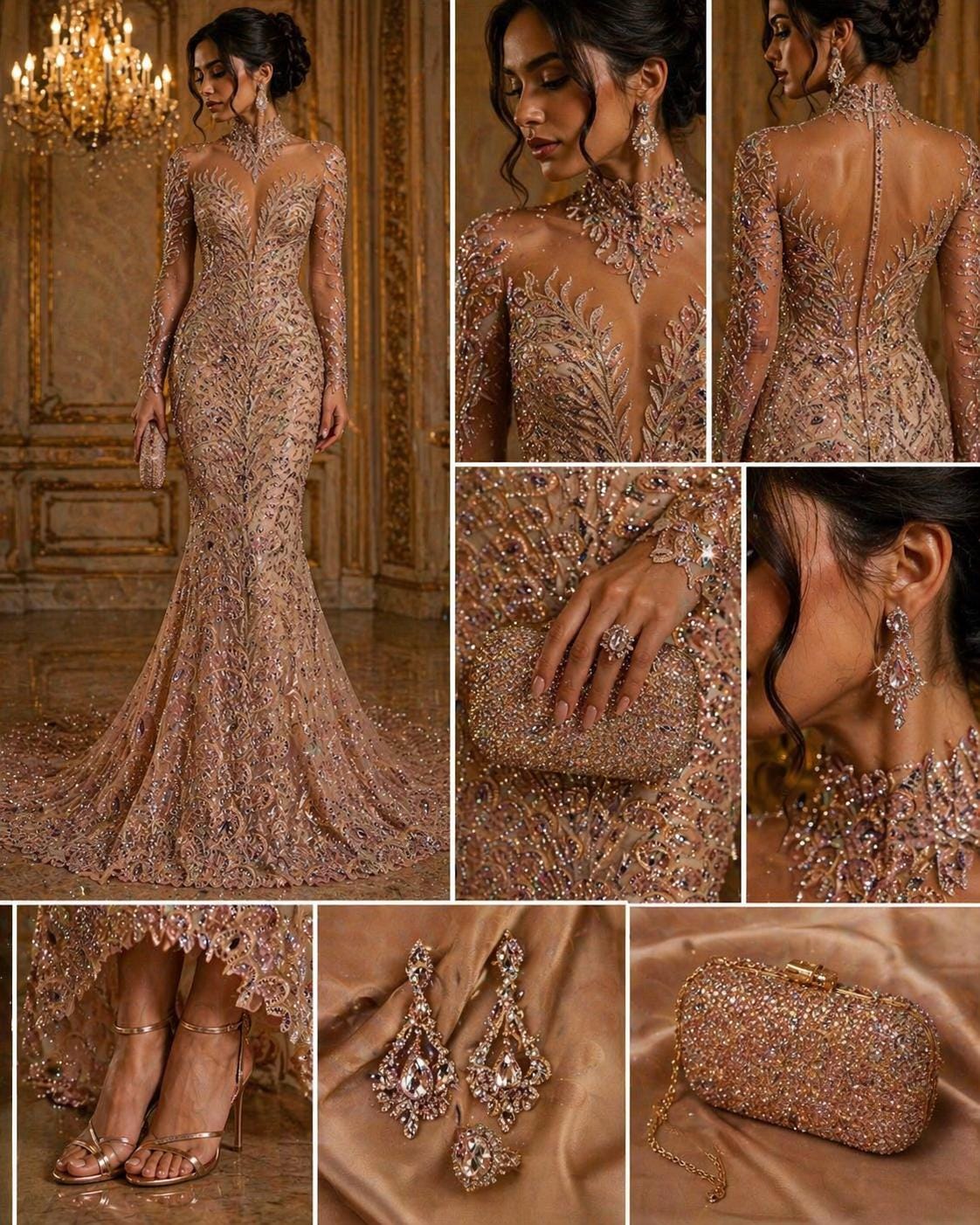 Luxurious Feather Designs Lace - RoseGold  - Beaded & Embroidered Sequins and Beads On Mesh Lace Fabric for Prom Dress. Sold By 3 Feathers