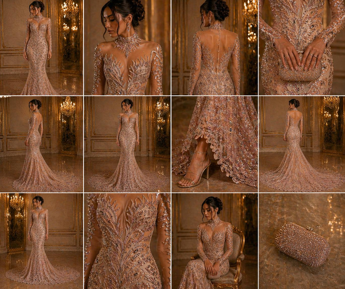 Luxurious Feather Designs Lace - RoseGold  - Beaded & Embroidered Sequins and Beads On Mesh Lace Fabric for Prom Dress. Sold By 3 Feathers