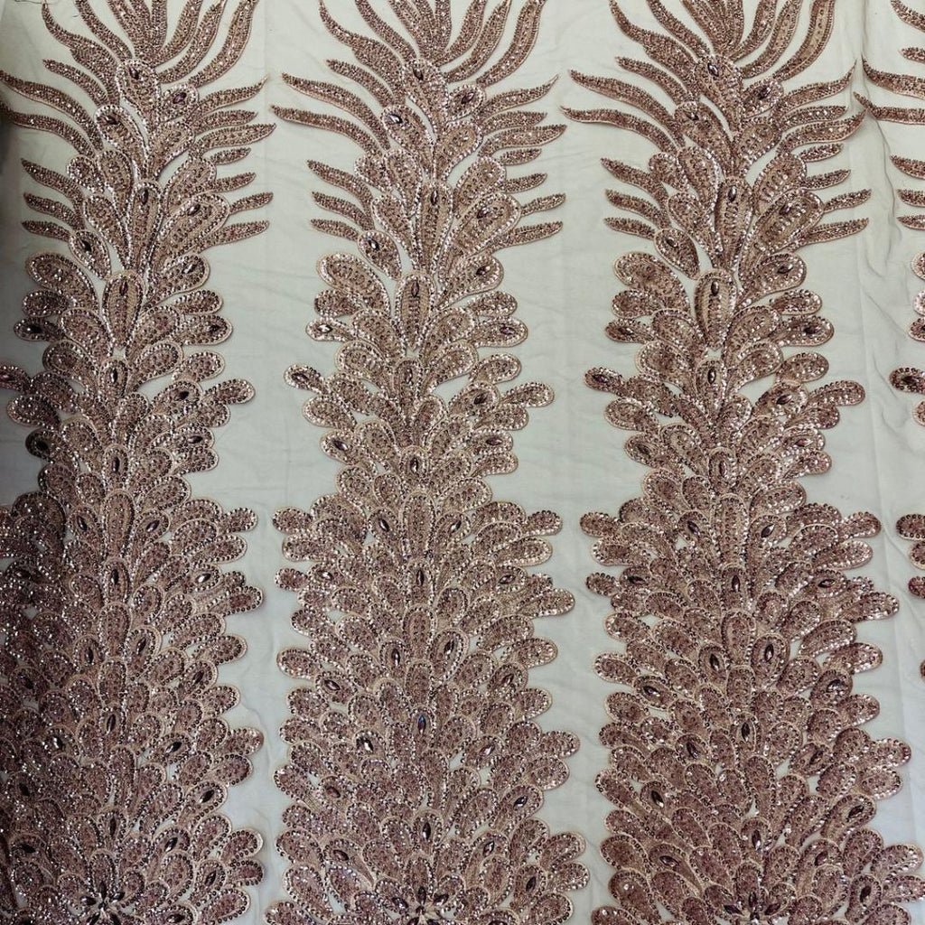 Luxurious Feather Designs Lace - RoseGold  - Beaded & Embroidered Sequins and Beads On Mesh Lace Fabric for Prom Dress. Sold By 3 Feathers