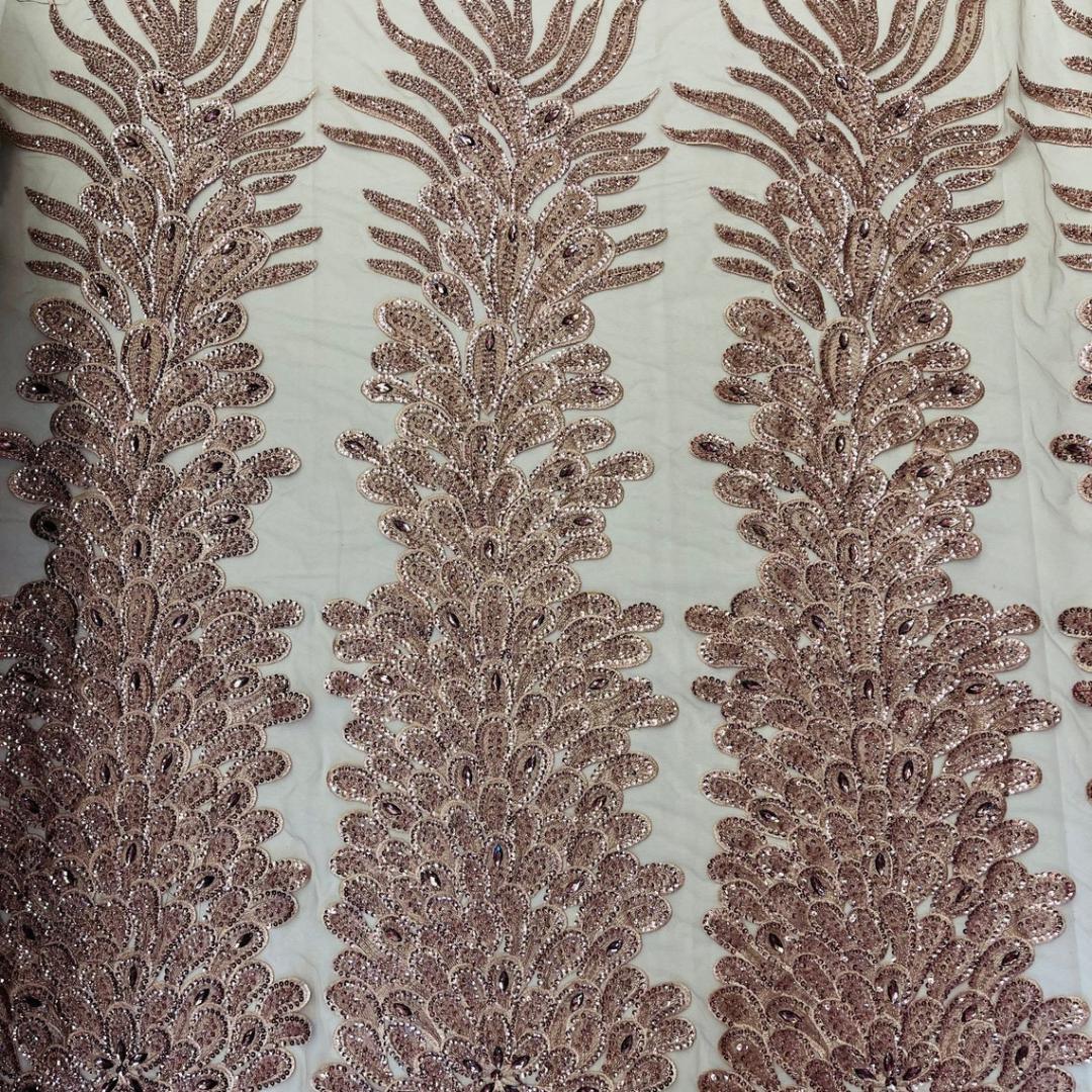 Luxurious Feather Designs Lace - RoseGold  - Beaded & Embroidered Sequins and Beads On Mesh Lace Fabric for Prom Dress. Sold By 3 Feathers