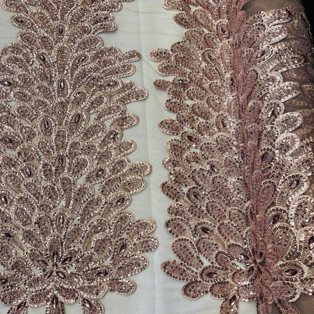 Luxurious Feather Designs Lace - RoseGold  - Beaded & Embroidered Sequins and Beads On Mesh Lace Fabric for Prom Dress. Sold By 3 Feathers
