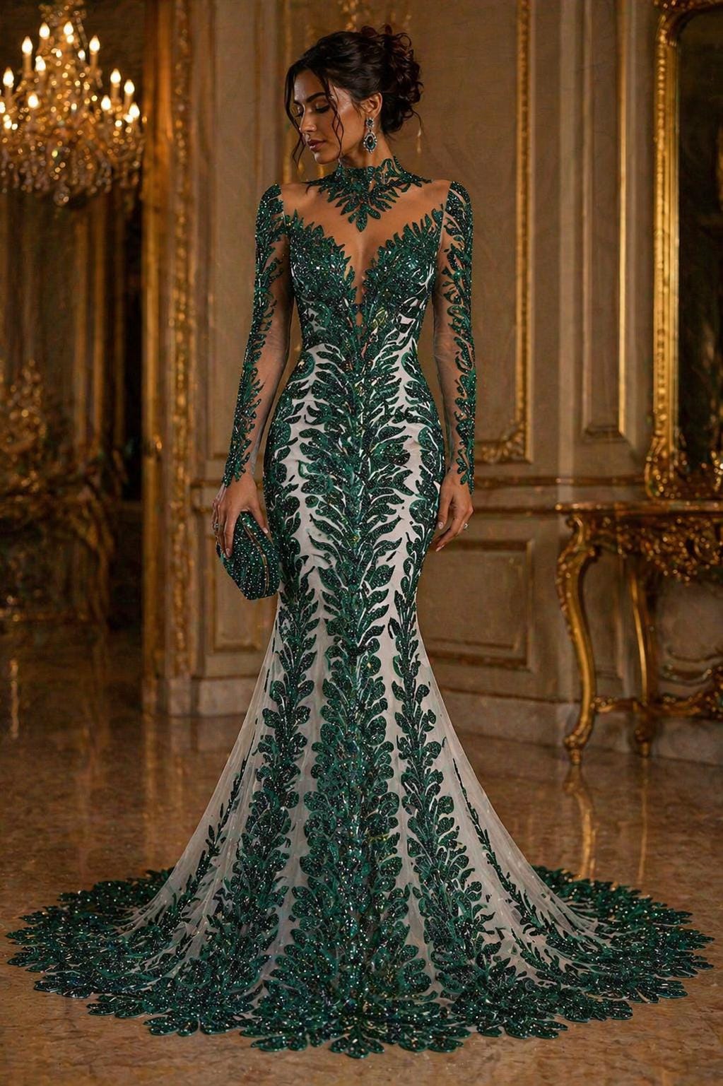 Luxurious Feather Designs Lace - Hunter  - Beaded & Embroidered Sequins and Beads On Mesh Lace Fabric for Prom Dress. Sold By 3 Feathers