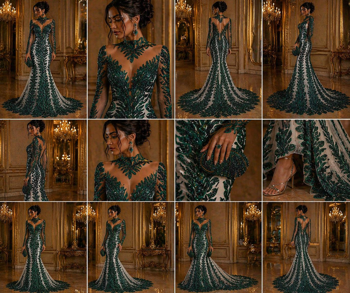 Luxurious Feather Designs Lace - Hunter  - Beaded & Embroidered Sequins and Beads On Mesh Lace Fabric for Prom Dress. Sold By 3 Feathers