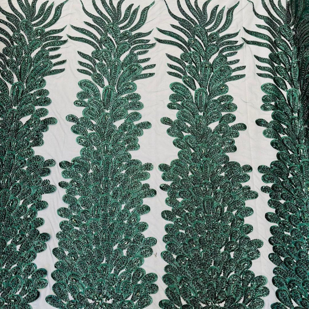 Luxurious Feather Designs Lace - Hunter  - Beaded & Embroidered Sequins and Beads On Mesh Lace Fabric for Prom Dress. Sold By 3 Feathers