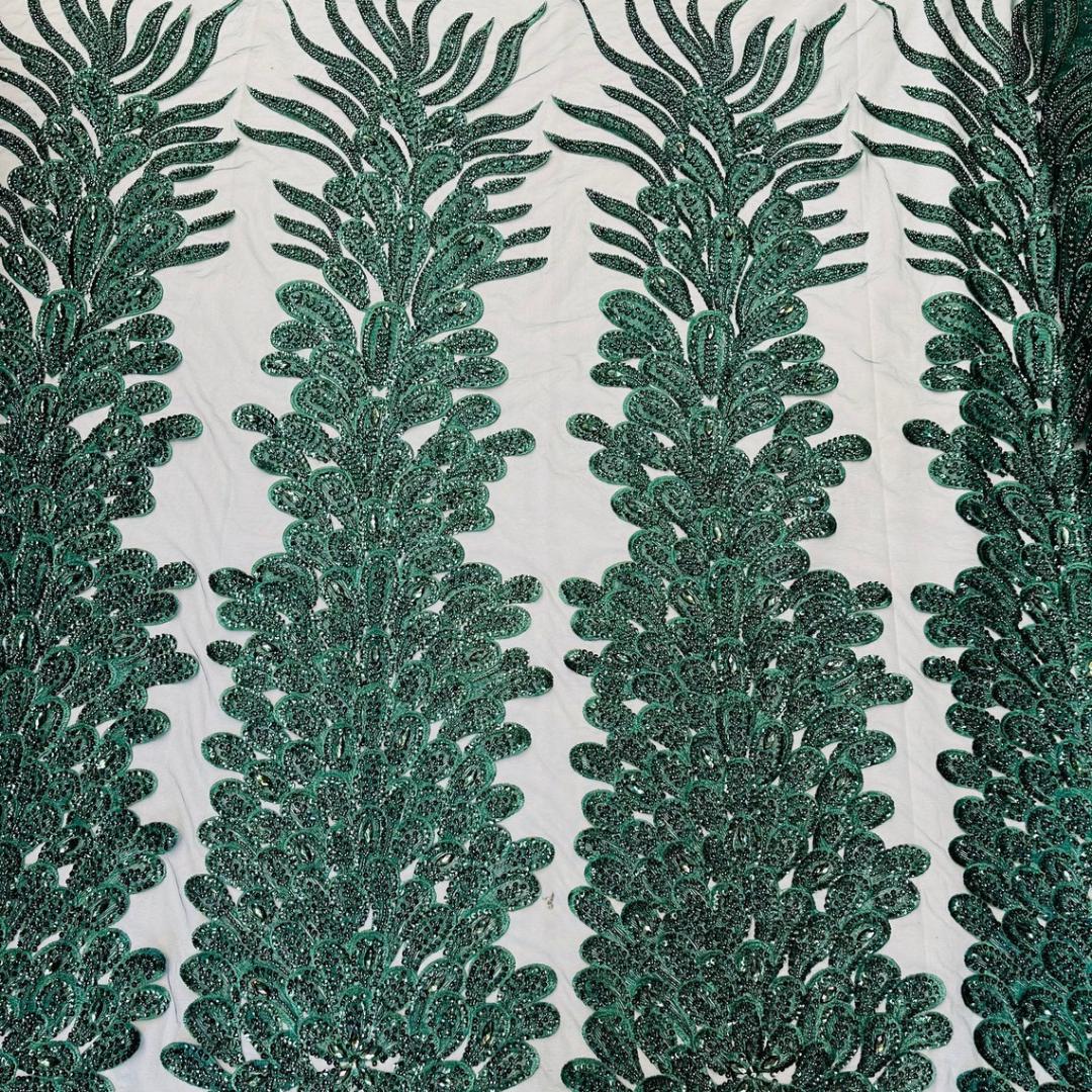 Luxurious Feather Designs Lace - Hunter  - Beaded & Embroidered Sequins and Beads On Mesh Lace Fabric for Prom Dress. Sold By 3 Feathers