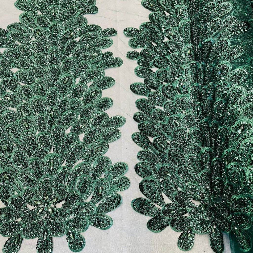 Luxurious Feather Designs Lace - Hunter  - Beaded & Embroidered Sequins and Beads On Mesh Lace Fabric for Prom Dress. Sold By 3 Feathers