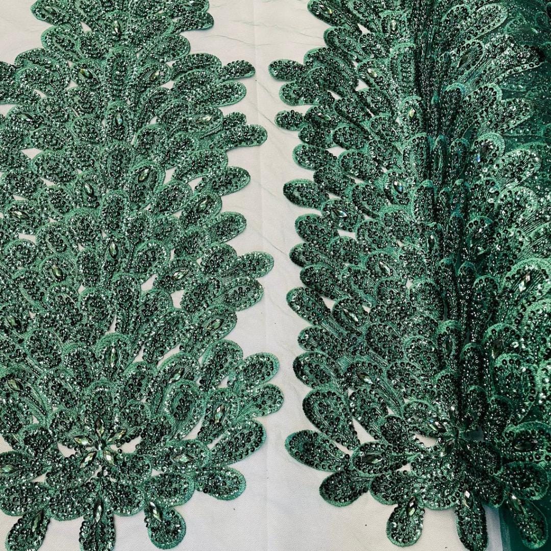 Luxurious Feather Designs Lace - Hunter  - Beaded & Embroidered Sequins and Beads On Mesh Lace Fabric for Prom Dress. Sold By 3 Feathers