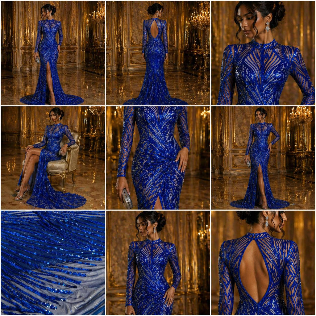 Luxury Shiny Sequin 4-Way Stretch Mesh Fabric – Prom & Evening Dress Material By The Yard. Royal Blue