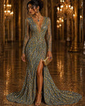 Luxury Shiny Sequin 4-Way Stretch Mesh Fabric – Prom & Evening Dress Material By The Yard. Black/Gold