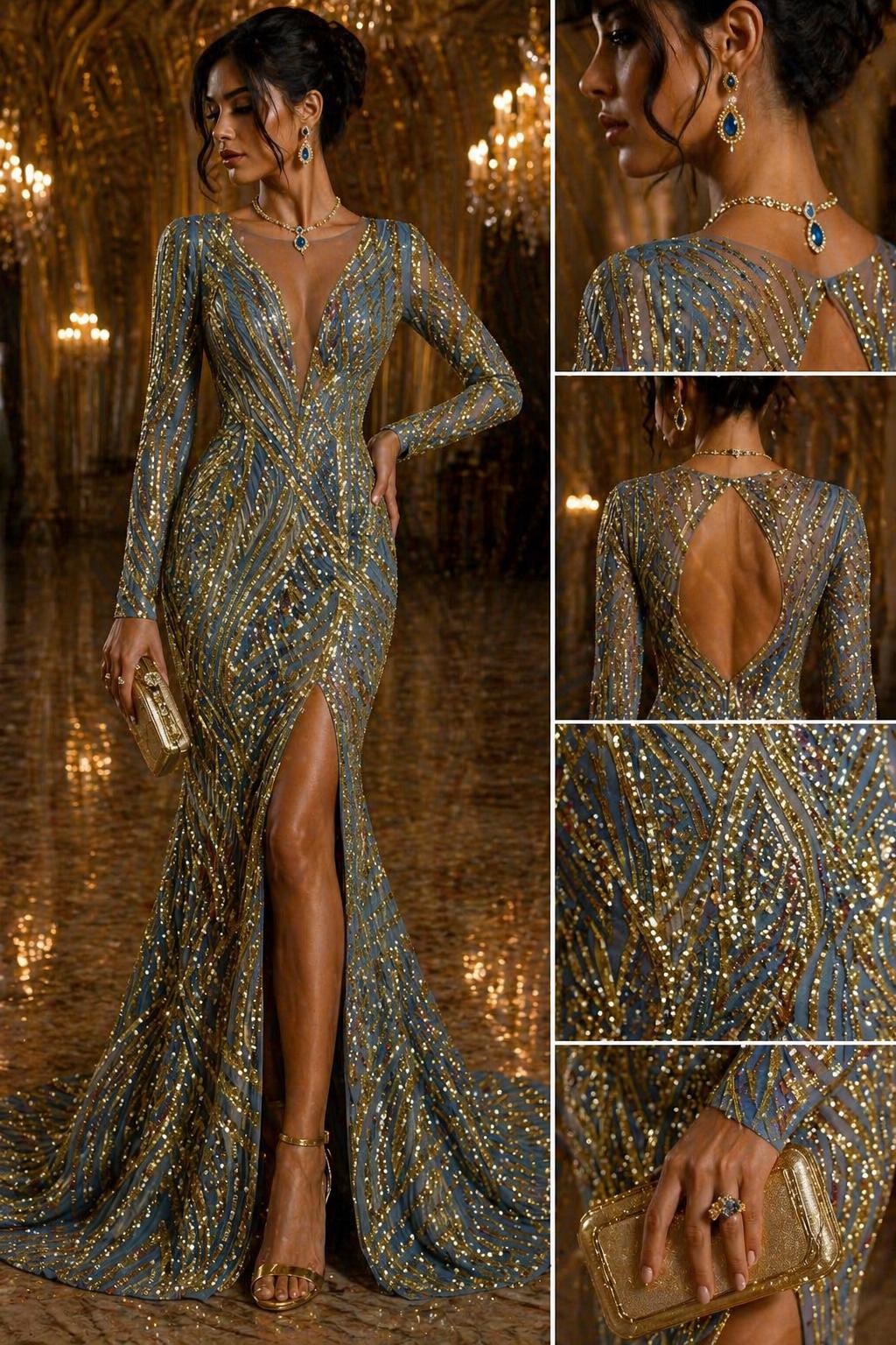 Luxury Shiny Sequin 4-Way Stretch Mesh Fabric – Prom & Evening Dress Material By The Yard. Black/Gold