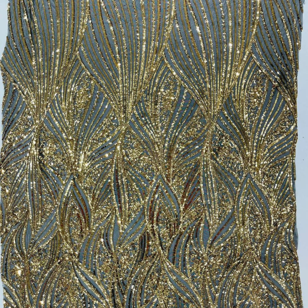 Luxury Shiny Sequin 4-Way Stretch Mesh Fabric – Prom & Evening Dress Material By The Yard. Black/Gold