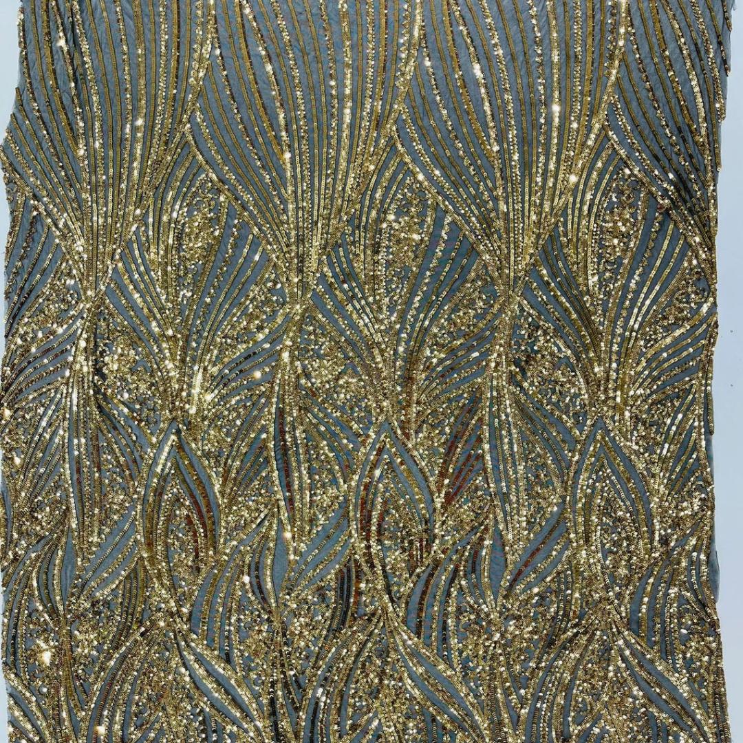 Luxury Shiny Sequin 4-Way Stretch Mesh Fabric – Prom & Evening Dress Material By The Yard. Black/Gold