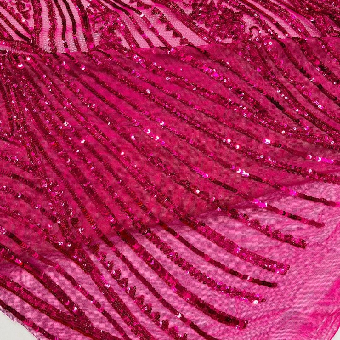 Luxury Shiny Sequin 4-Way Stretch Mesh Fabric – Prom & Evening Dress Material By The Yard. Fuchsia