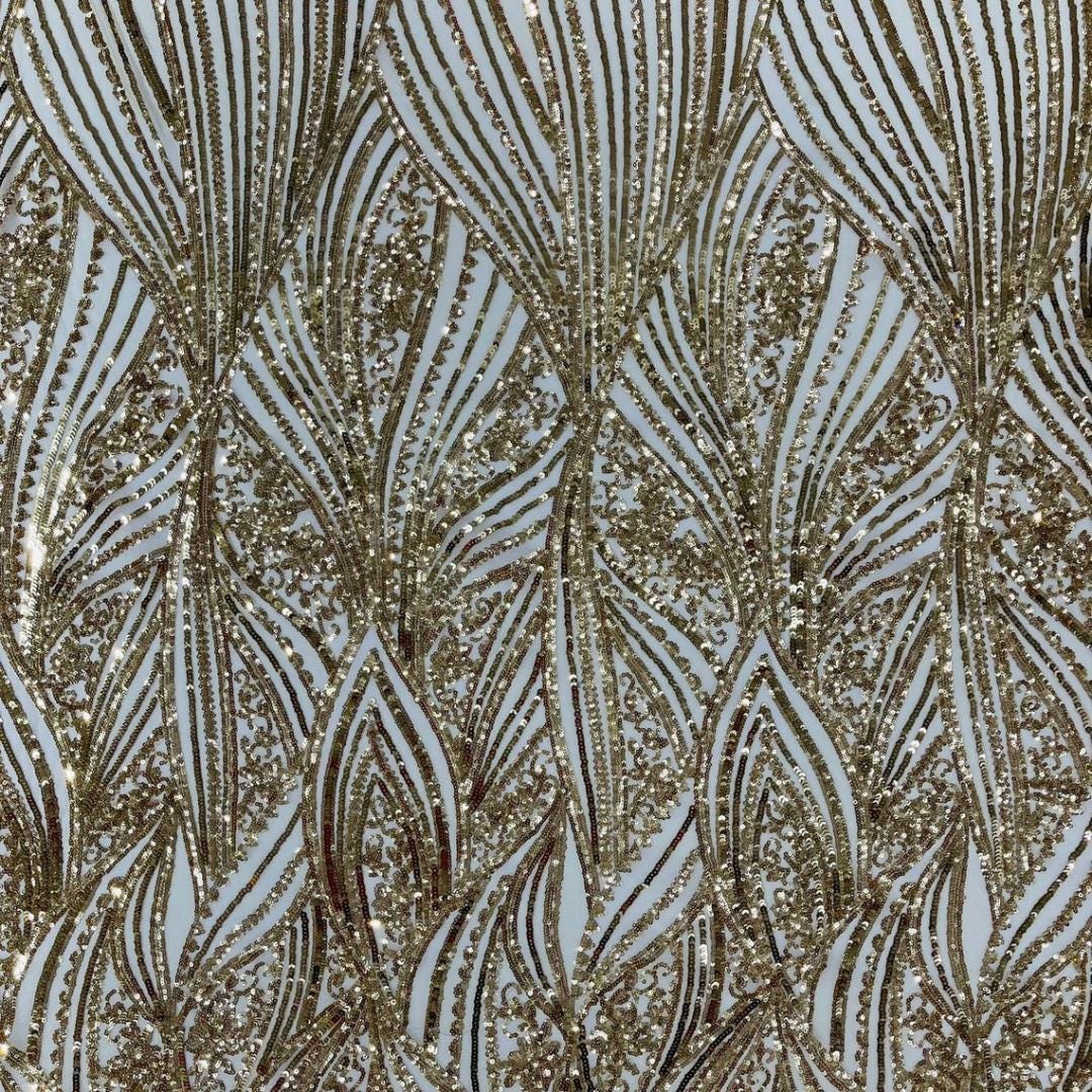 Luxury Shiny Sequin 4-Way Stretch Mesh Fabric –  By The Yard. Gold