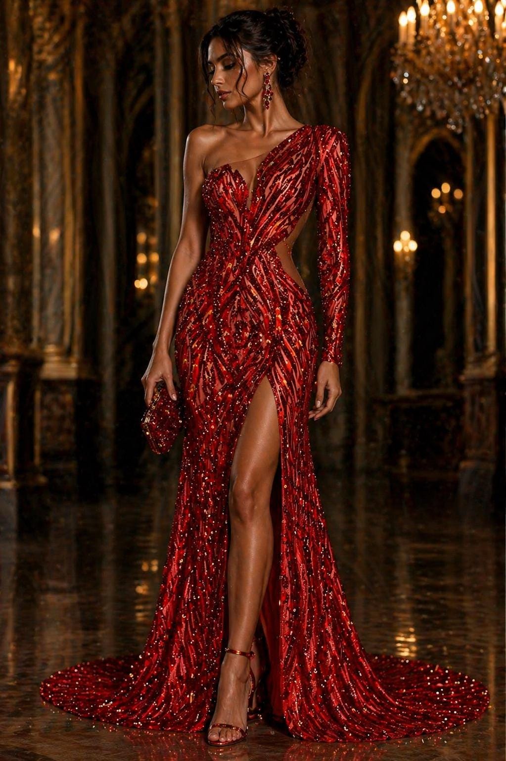 Luxury Shiny Sequin 4-Way Stretch Mesh Fabric – Prom & Evening Dress Material By The Yard. Red