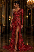 Luxury Shiny Sequin 4-Way Stretch Mesh Fabric – Prom & Evening Dress Material By The Yard. Red