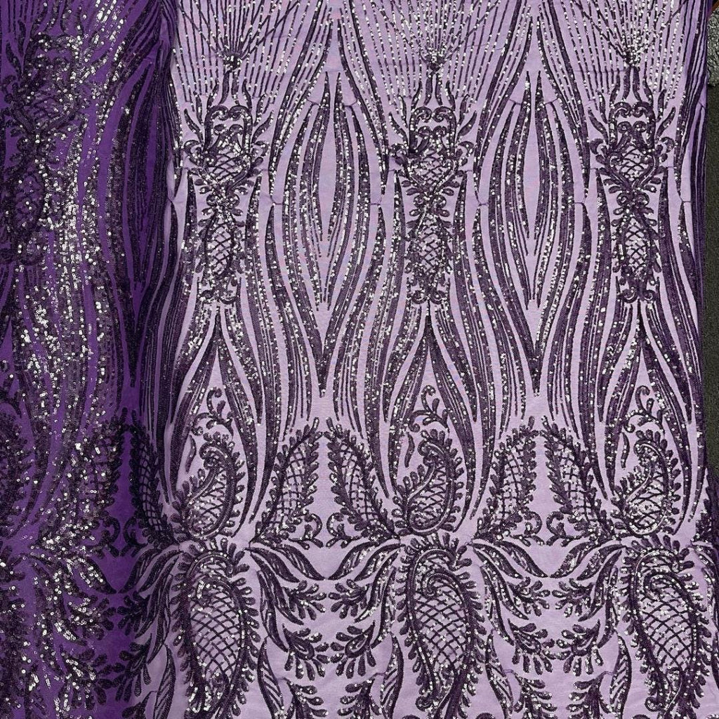 EGGPLANT - Luxury Shiny Sequin 4-Way Stretch Mesh Fabric – Prom & Evening Dress Material By The Yard.