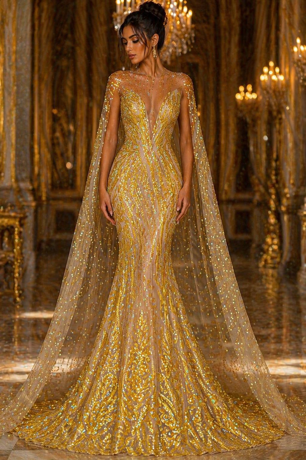 YELLOW - Luxury Iridescent Shiny Sequin 4-Way Stretch Mesh Fabric – Prom & Evening Dress Material By The Yard.