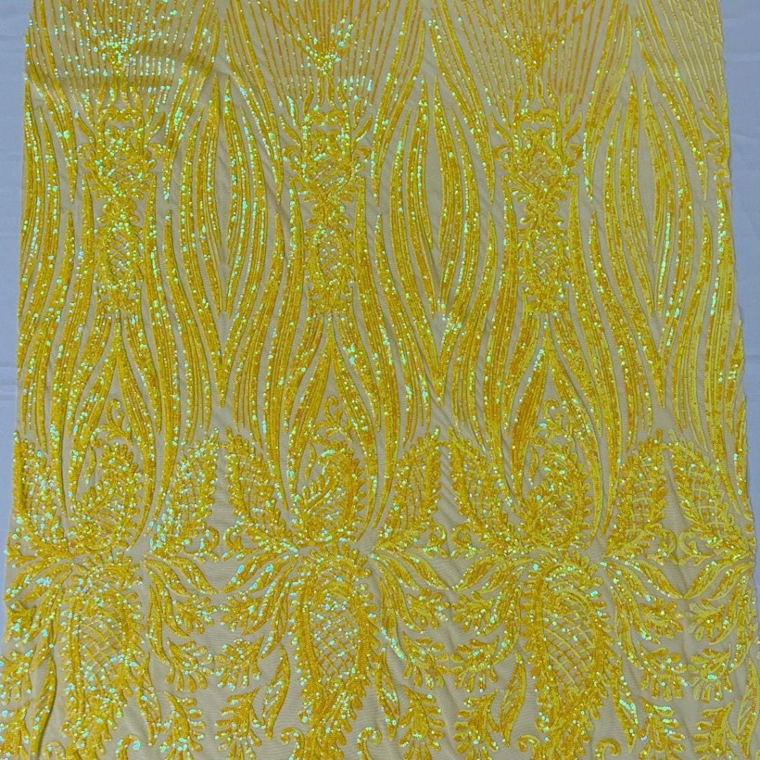 YELLOW - Luxury Iridescent Shiny Sequin 4-Way Stretch Mesh Fabric – Prom & Evening Dress Material By The Yard.