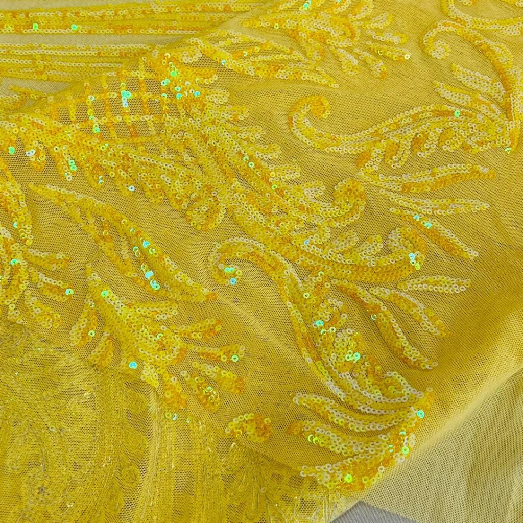 YELLOW - Luxury Iridescent Shiny Sequin 4-Way Stretch Mesh Fabric – Prom & Evening Dress Material By The Yard.