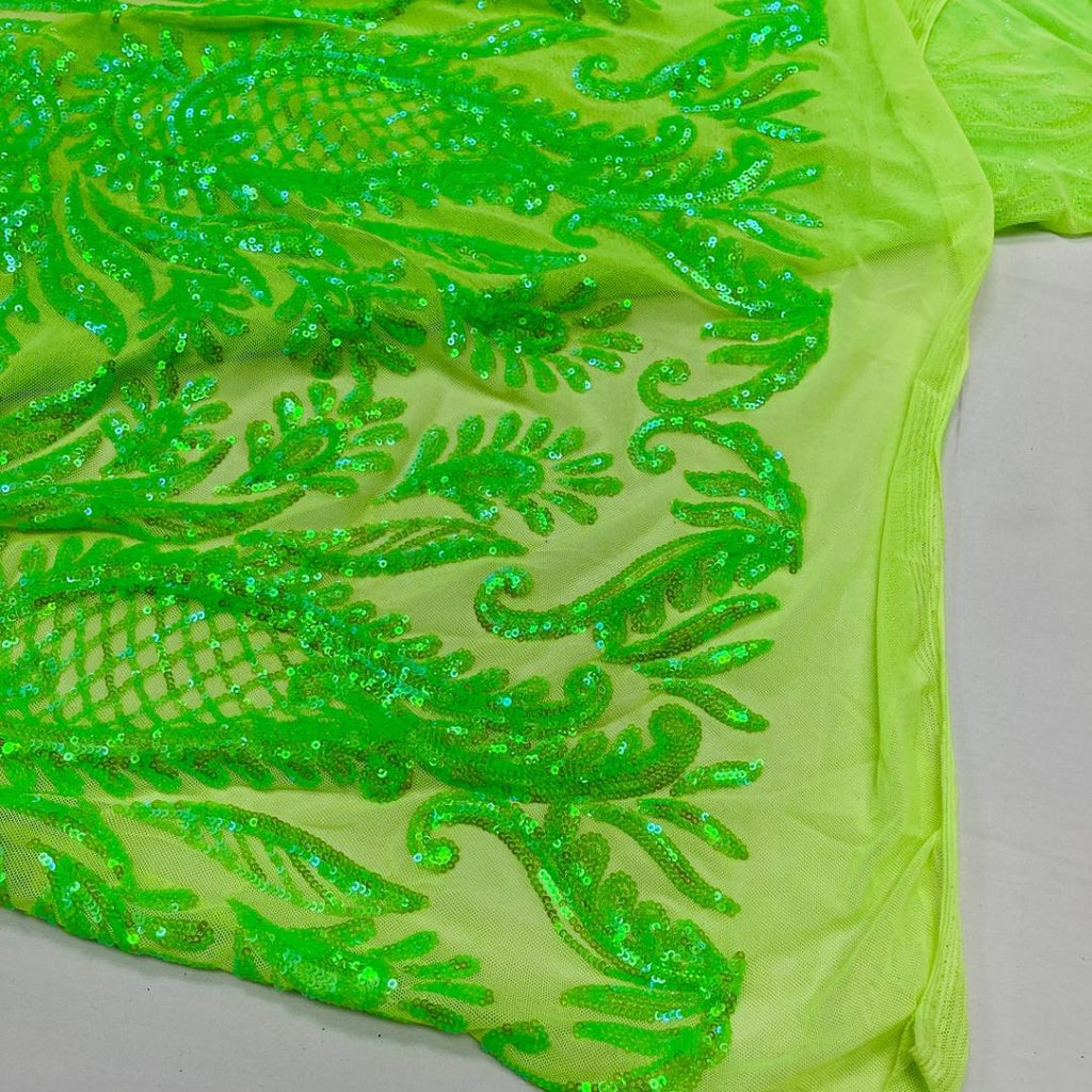 NEON LIME - Luxury Iridescent Shiny Sequin 4-Way Stretch Mesh Fabric – Prom & Evening Dress Material By The Yard.