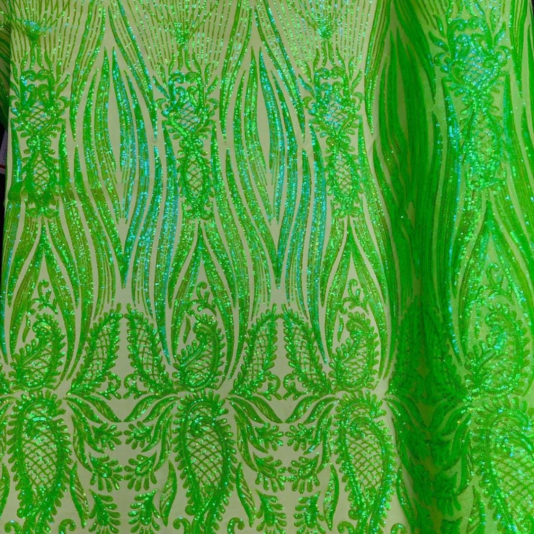 NEON LIME - Luxury Iridescent Shiny Sequin 4-Way Stretch Mesh Fabric – Prom & Evening Dress Material By The Yard.