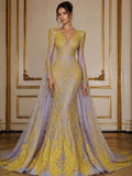 Wing Design Luxury Shiny Sequin - YELLOW - 4 Way Stretch Mesh Fabric – Prom & Evening Dress Material By The Yard.