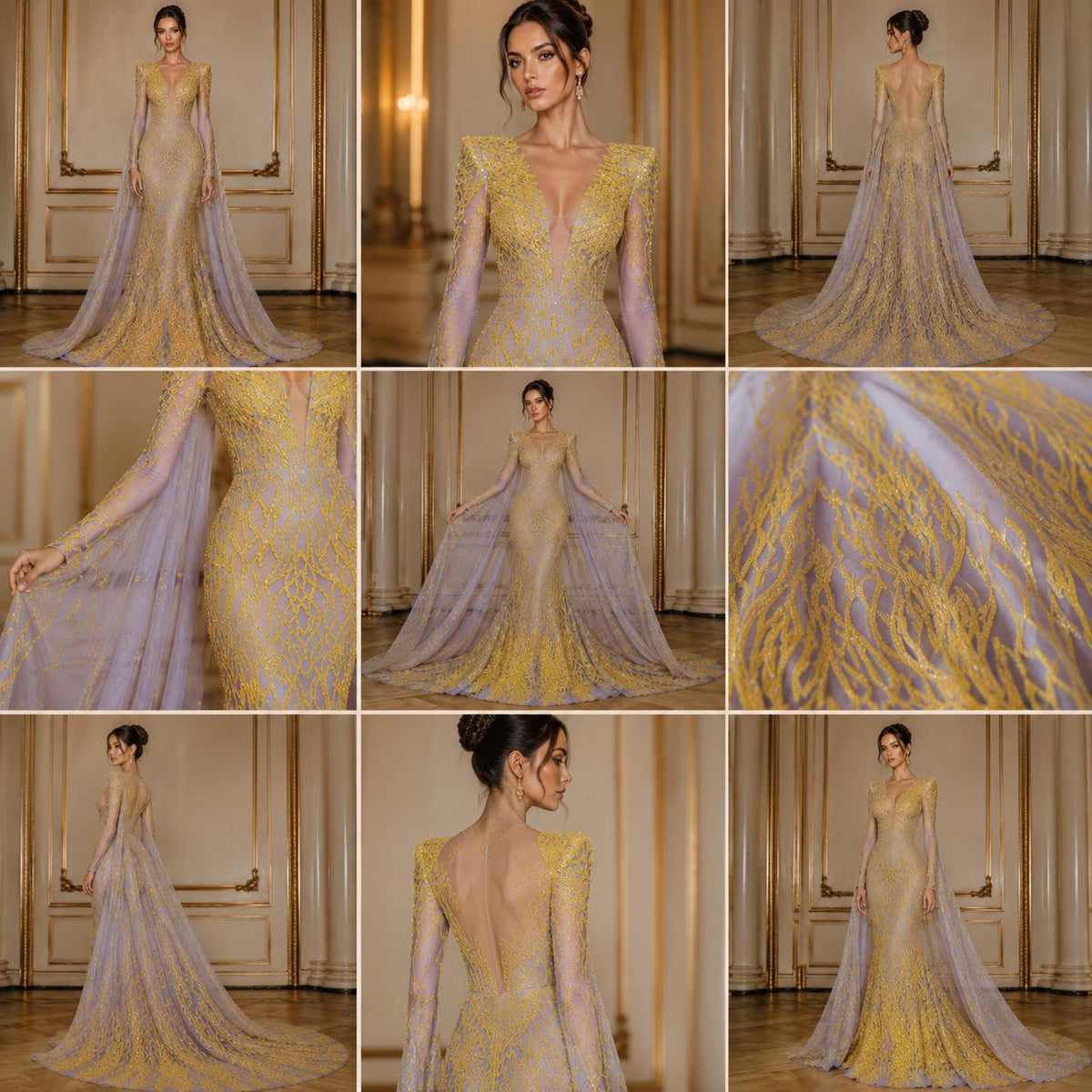 Wing Design Luxury Shiny Sequin - YELLOW - 4 Way Stretch Mesh Fabric – Prom & Evening Dress Material By The Yard.