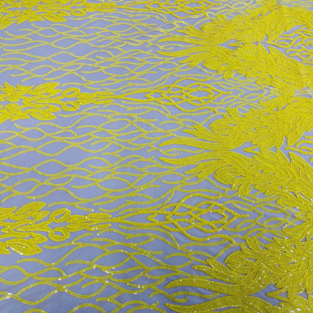 Wing Design Luxury Shiny Sequin - YELLOW - 4 Way Stretch Mesh Fabric – Prom & Evening Dress Material By The Yard.