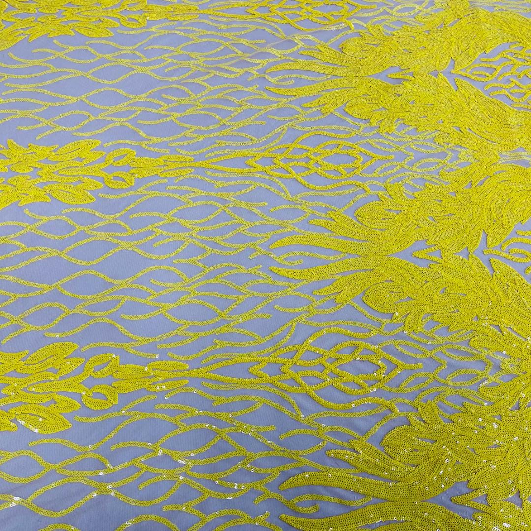 Wing Design Luxury Shiny Sequin - YELLOW - 4 Way Stretch Mesh Fabric – Prom & Evening Dress Material By The Yard.
