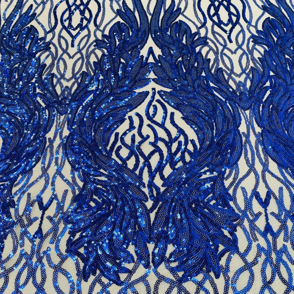Wing Design Luxury Shiny Sequin - ROYAL BLUE - 4 Way Stretch Mesh Fabric – Prom & Evening Dress Material By The Yard.