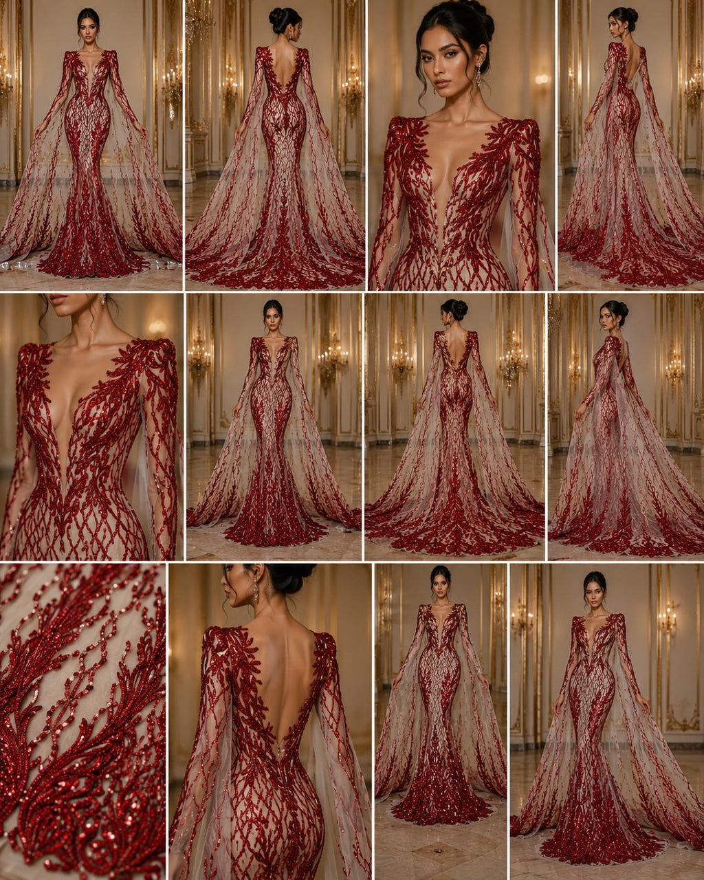 Wing Design Luxury Shiny Sequin - RED - 4 Way Stretch Mesh Fabric – Prom & Evening Dress Material By The Yard.
