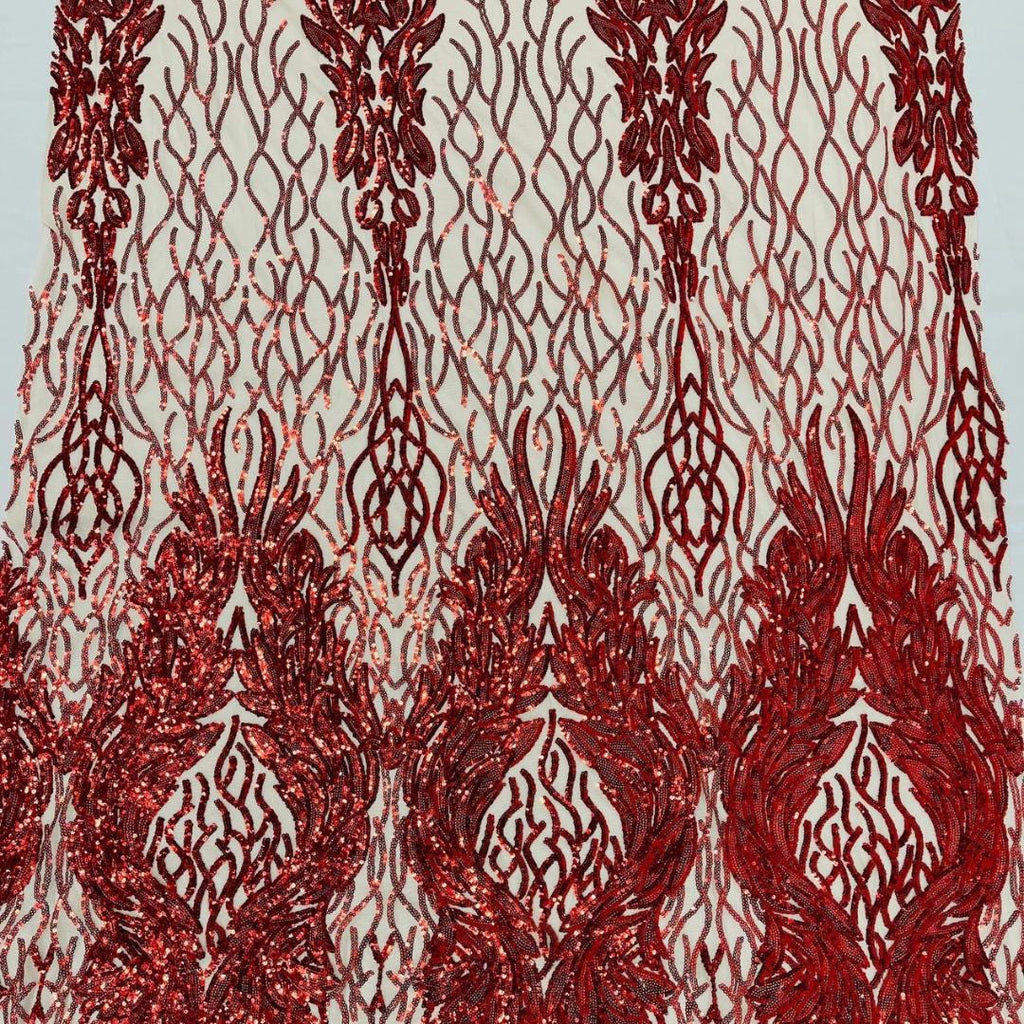 Wing Design Luxury Shiny Sequin - RED - 4 Way Stretch Mesh Fabric – Prom & Evening Dress Material By The Yard.