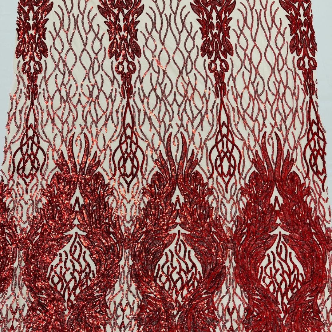 Wing Design Luxury Shiny Sequin - RED - 4 Way Stretch Mesh Fabric – Prom & Evening Dress Material By The Yard.