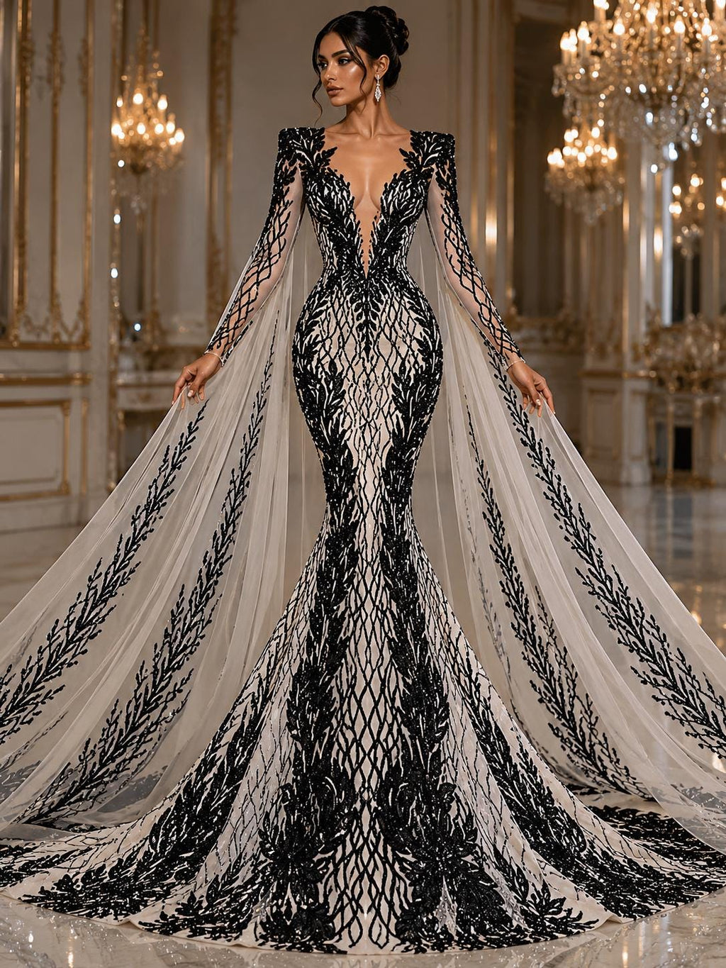 Wing Design Luxury Shiny Sequin - BLACK - 4 Way Stretch Mesh Fabric – Prom & Evening Dress Material By The Yard.