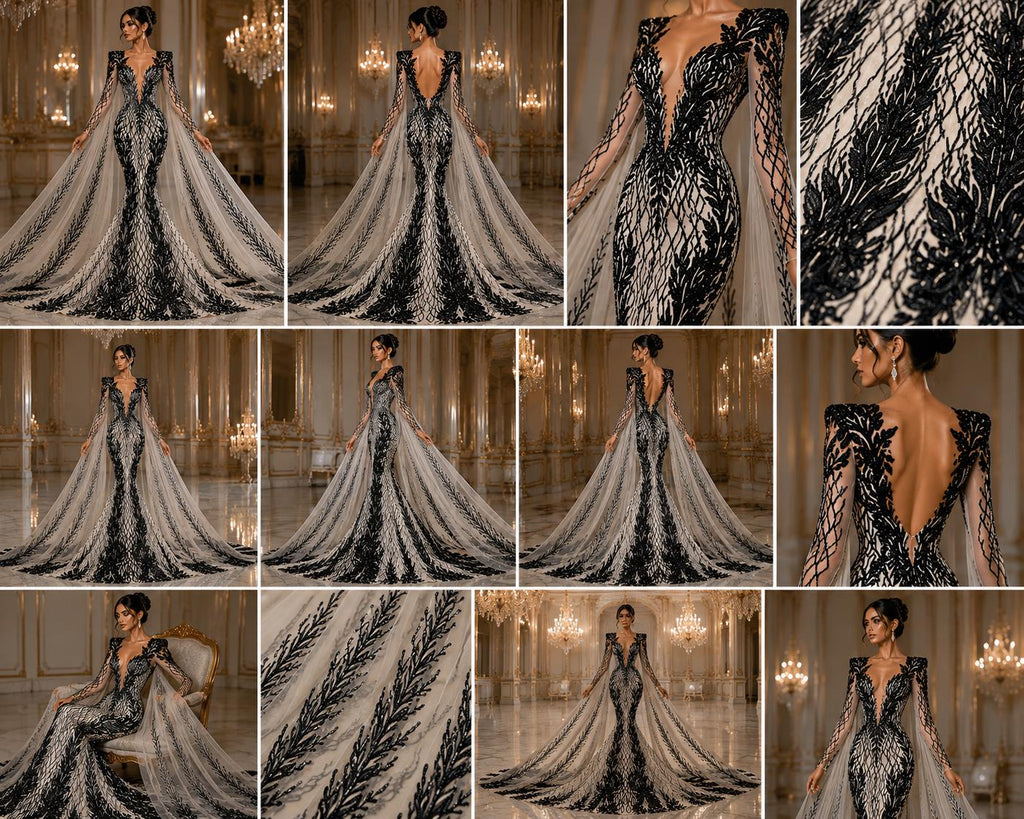Wing Design Luxury Shiny Sequin - BLACK - 4 Way Stretch Mesh Fabric – Prom & Evening Dress Material By The Yard.
