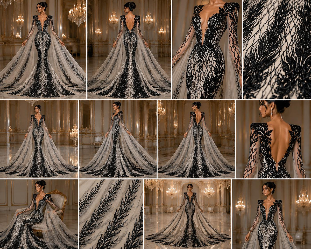 Wing Design Luxury Shiny Sequin - BLACK - 4 Way Stretch Mesh Fabric – Prom & Evening Dress Material By The Yard.