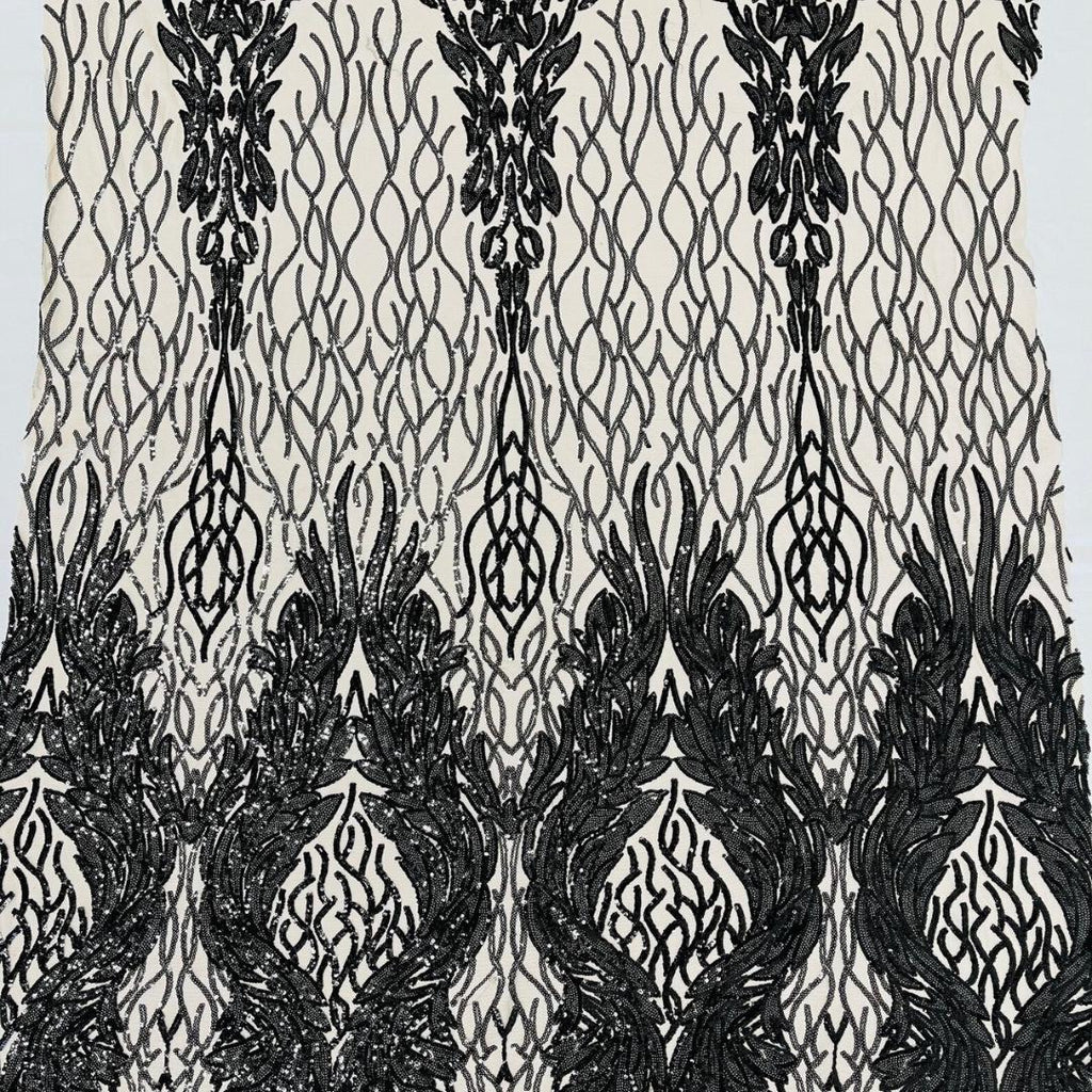 Wing Design Luxury Shiny Sequin - BLACK - 4 Way Stretch Mesh Fabric – Prom & Evening Dress Material By The Yard.
