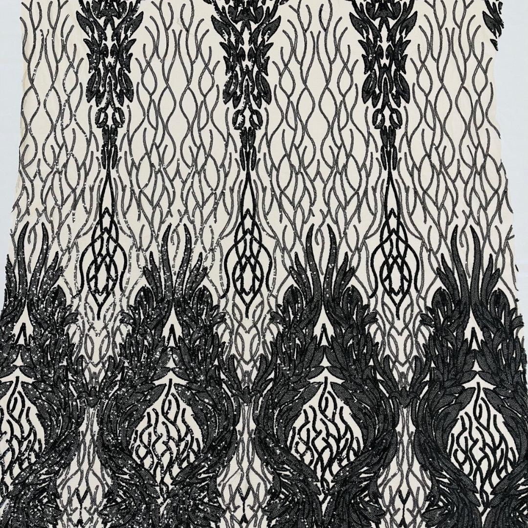Wing Design Luxury Shiny Sequin - BLACK - 4 Way Stretch Mesh Fabric – Prom & Evening Dress Material By The Yard.
