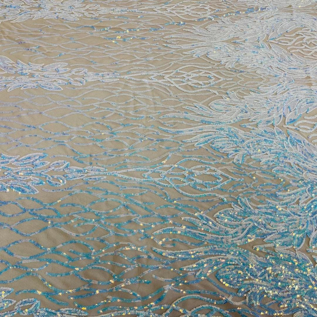 Wing Design Iridescent Luxury Shiny Sequin - AQUA/NUDE - 4 Way Stretch Mesh Fabric – Prom & Evening Dress Material By The Yard.
