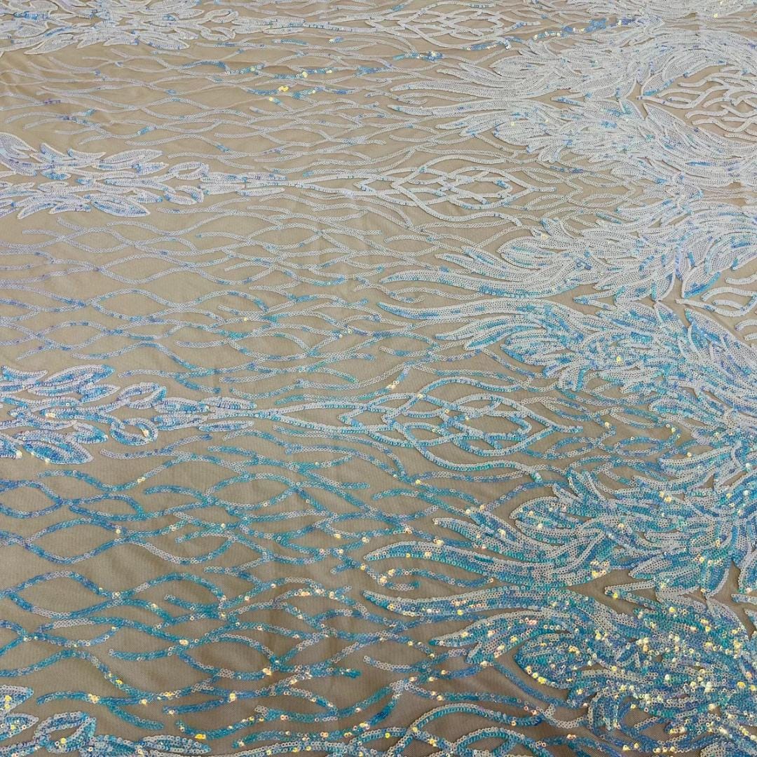 Wing Design Iridescent Luxury Shiny Sequin - AQUA/NUDE - 4 Way Stretch Mesh Fabric – Prom & Evening Dress Material By The Yard.