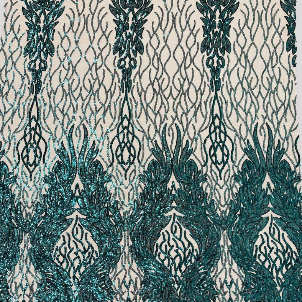 Wing Design Luxury Shiny Sequin - HUNTER/NUDE - 4 Way Stretch Mesh Fabric – Prom & Evening Dress Material By The Yard.