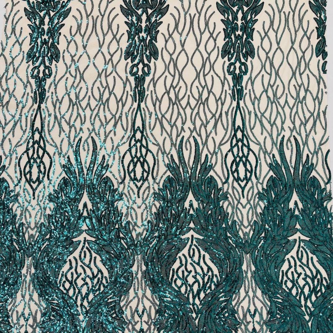 Wing Design Luxury Shiny Sequin - HUNTER/NUDE - 4 Way Stretch Mesh Fabric – Prom & Evening Dress Material By The Yard.