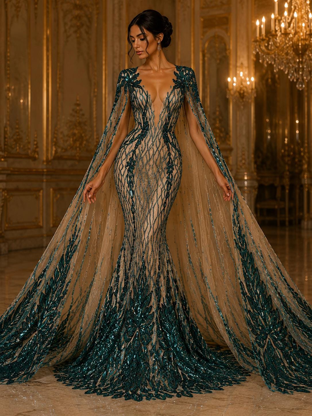 Wing Design Luxury Shiny Sequin - HUNTER/NUDE - 4 Way Stretch Mesh Fabric – Prom & Evening Dress Material By The Yard.