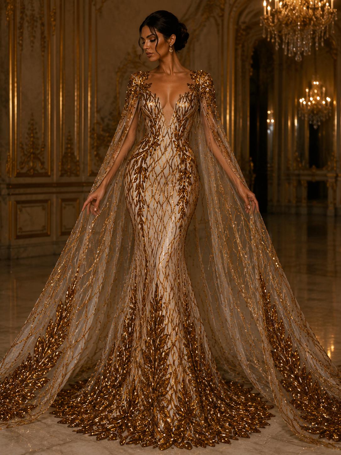 Wing Design Luxury Shiny Sequin - ORANGE/NUDE - 4 Way Stretch Mesh Fabric – Prom & Evening Dress Material By The Yard.
