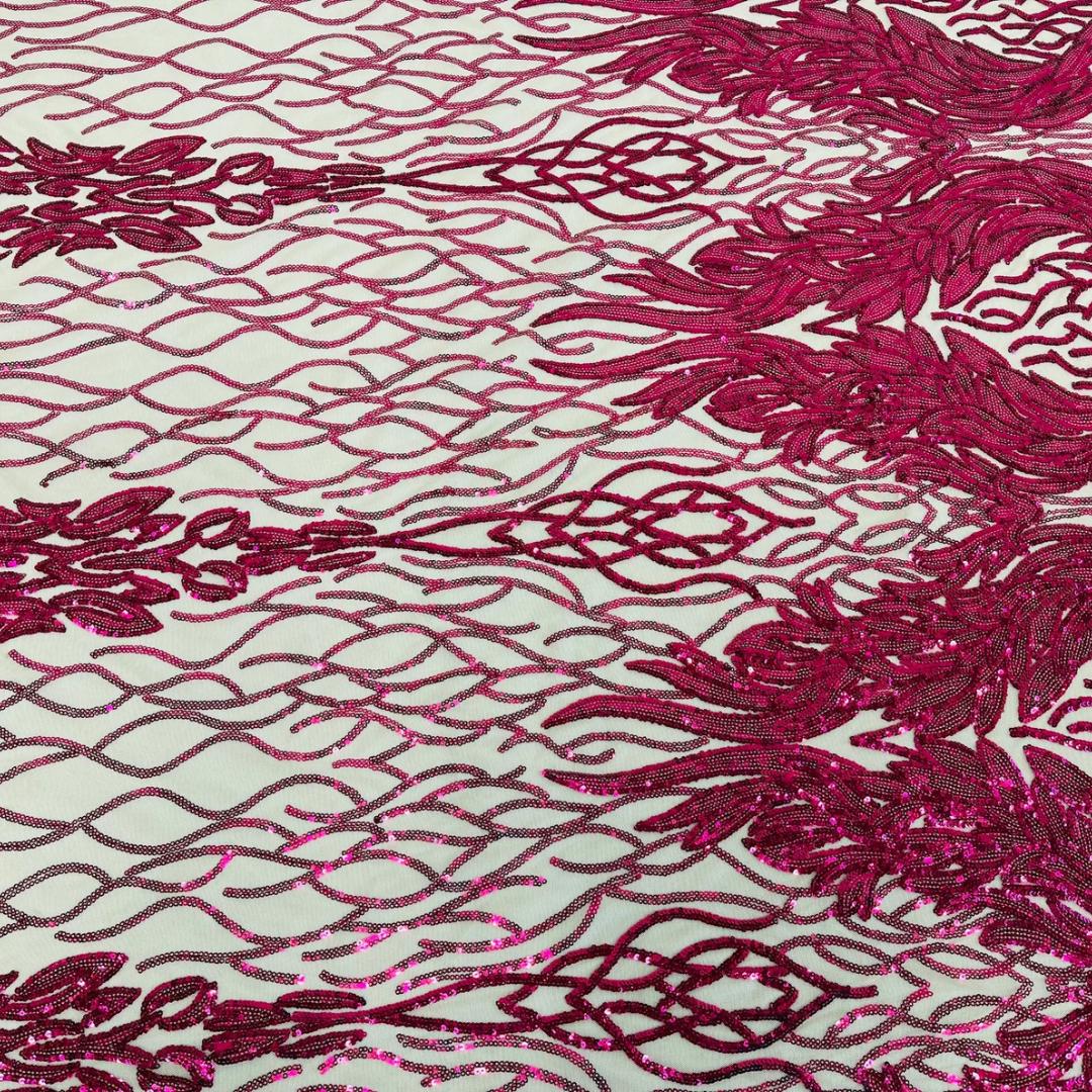Wing Design Luxury Shiny Sequin - FUCHSIA/NUDE - 4 Way Stretch Mesh Fabric – Prom & Evening Dress Material By The Yard.