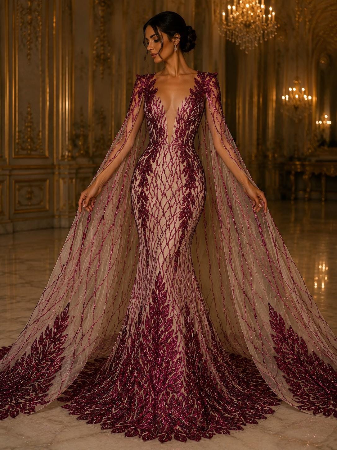 Wing Design Luxury Shiny Sequin - FUCHSIA/NUDE - 4 Way Stretch Mesh Fabric – Prom & Evening Dress Material By The Yard.